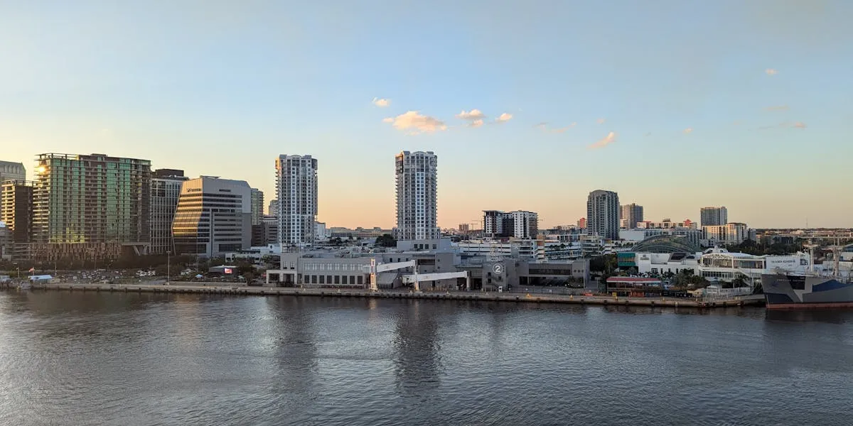 Tampa Bay waterfront skyline at sunset